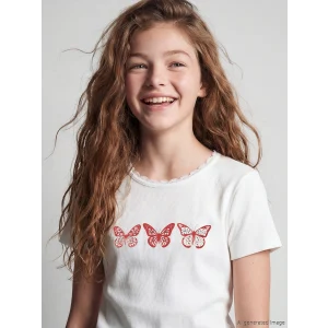 LCW Kids Ekru Bisiklet Yaka Baskılı Kız Çocuk Tişört