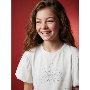 LCW Kids Ekru Bisiklet Yaka Taşlı Kız Çocuk Tişört