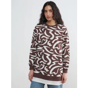 LCW Modest Kahverengi Bisiklet Yaka Desenli Kadın Sweatshirt Tunik