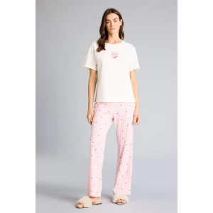 Defacto G1674AXPN149 Pembe Pijama Takımı Regular Fit Baskılı Kısa Kollu Üst Desenli Uzun Alt
