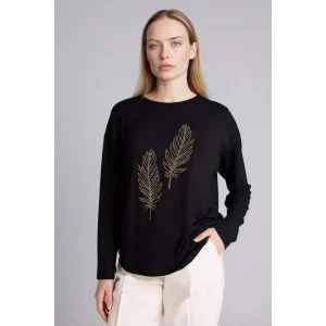 Defacto H1203AXBK81 Siyah Relax Fıt Bisiklet Yaka Taş Baskılı Uzun Kollu Tişört