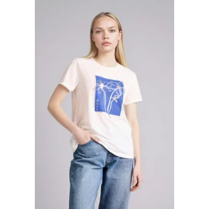 Defacto H1394AXER105 Ekru Regular Fıt Bisiklet Yaka Çiçekli Kısa Kollu Tişört