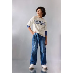 Defacto F8436A8NM28 Mavi Wıde Leg Düz Paça Jean Pantolon Erkek Çocuk