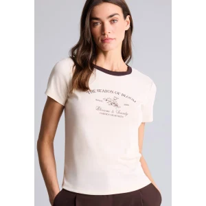 Defacto H1403AXBG144 Bej Regular Fıt Baskılı Ribana Tişört