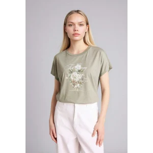 Defacto H1396AXGN931 Yeşil Bisiklet Yaka Çiçekli Kısa Kollu Tişört