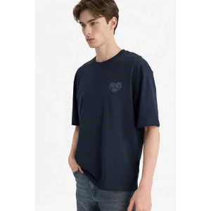 Defacto F8085AXNV64 Lacivert %100 Pamuk Boxy Fit Baskılı Tişört