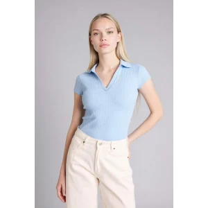 Defacto G8735AXBE415 Mavi Kadınlar Günü Slım Fıt Kaçık Yaka Basıc Düz Fitilli Kaşkorse Kısa Kollu Polo Tişört