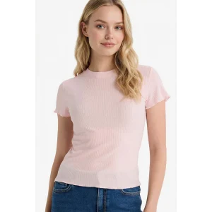 Defacto K7064AZPN38 Pembe Fıtted Bisiklet Yaka Fitilli Kaşkorse Kısa Kollu Tişört