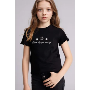 Defacto B6689A8BK81 Siyah Slım Fıt Desenli Fitilli Kaşkorse Tişört Kız Çocuk