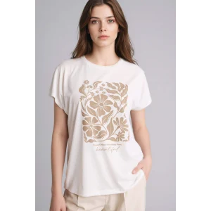 Defacto G8804AXER105 Ekru Bisiklet Yaka Çiçekli Kısa Kollu Tişört