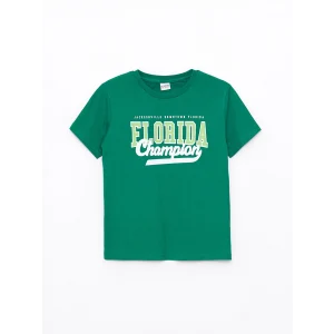 LCW Kids Yeşil Bisiklet Yaka Baskılı Kısa Kollu Erkek Çocuk Tişört