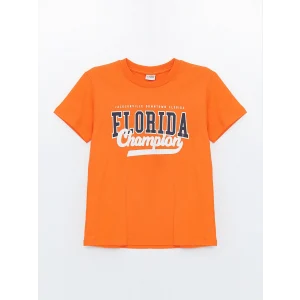 LCW Kids Turuncu Bisiklet Yaka Baskılı Kısa Kollu Erkek Çocuk Tişört