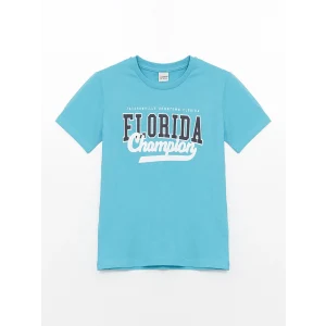 LCW Kids Turkuaz Bisiklet Yaka Baskılı Kısa Kollu Erkek Çocuk Tişört