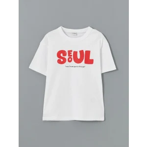 LCW Kids Beyaz Bisiklet Yaka Seoul Baskılı Erkek Çocuk Tişört