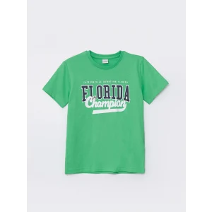 LCW Kids Yeşil Bisiklet Yaka Baskılı Kısa Kollu Erkek Çocuk Tişört