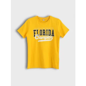 LCW Kids Sarı Bisiklet Yaka Baskılı Kısa Kollu Erkek Çocuk Tişört