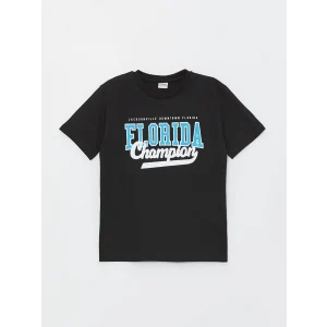 LCW Kids Siyah Bisiklet Yaka Baskılı Kısa Kollu Erkek Çocuk Tişört