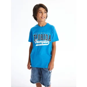 LCW Kids Mavi Bisiklet Yaka Baskılı Kısa Kollu Erkek Çocuk Tişört