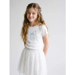 LCW Kids Ekru Fiyonk Baskılı Taşlı Kız Çocuk Fitilli Tişört