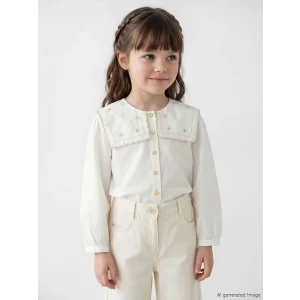 LCW Kids Ekru Çiçek Nakışlı Kız Çocuk Poplin Gömlek