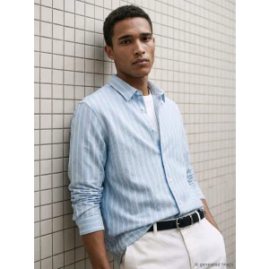 LCW Vision Mavi Regular Fit Çizgili Armürlü Erkek Gömlek