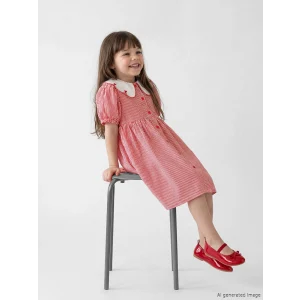 LCW Kids Kırmızı Bebe Yaka Kız Çocuk Çizgili Elbise