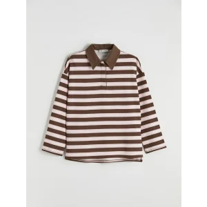 LCW Modest Kahverengi Polo Yaka Çizgili Kadın Sweatshirt Tunik