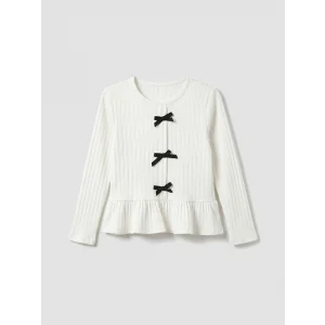 LCW Kids Ekru Bisiklet Yaka Fiyonklu Kız Çocuk Fitilli Tişört