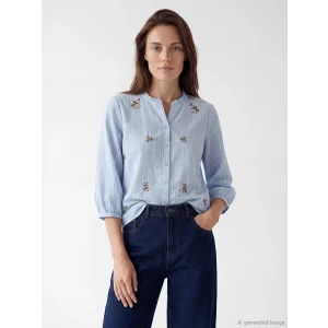 LCW Grace Mavi Fırfırlı Kaçık Yaka Çizgili Kadın Gömlek