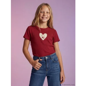 LCW Kids Bordo Bisiklet Yaka Kalp Nakışlı Kız Çocuk Tişört