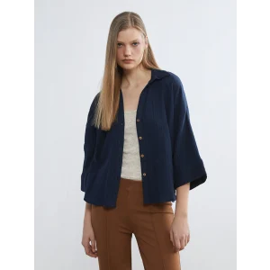 LCW Vision Lacivert Dokulu Oversize Kadın Gömlek