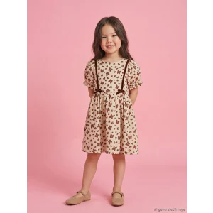LCW Kids Bej Bisiklet Yaka Kelebek Baskılı Müslin Kız Çocuk Elbise