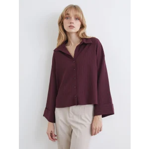LCW Vision Bordo Çizgili Oversize Kadın Gömlek