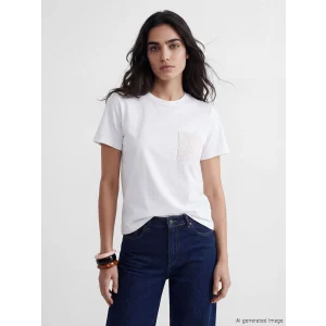 LCW Vision Ekru Bisiklet Yaka Nakışlı Kadın Tişört