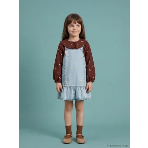 LCW Kids İndigo Kare Yaka Nakışlı Kız Çocuk Jean Salopet Elbise