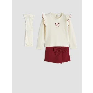 LCW Kids Ekru Fiyonk Detaylı Kız Çocuk Bluz Şort Etek ve Külotlu Çorap