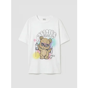 LCW Kids Beyaz Bisiklet Yaka Baskılı Kız Çocuk Tişört