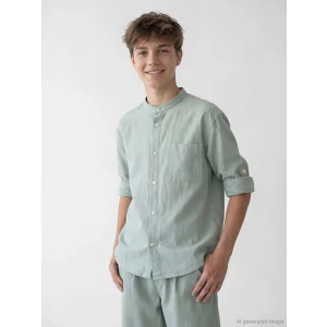 LCW Kids Yeşil Hakim Yaka Keten Karışımlı Erkek Çocuk Gömlek