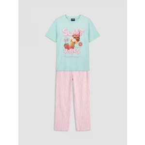 LCW Kids Turkuaz Bisiklet Yaka Baskılı Kız Çocuk Pijama Takımı