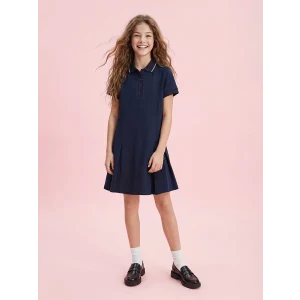 LCW Kids Lacivert Pileli Polo Yaka Kız Çocuk Elbise