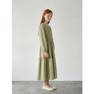 LCW Girls Studio Yeşil Bisiklet Yaka Büzgülü Kız Çocuk Elbise