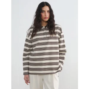 LCW Modest Ekru Polo Yaka Çizgili Kadın Sweatshirt Tunik