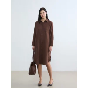 LCW EVERYDAY Kahverengi Dokulu Yırtmaçlı Gömlek Elbise