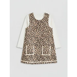 LCW Kids Bej Leopar Desenli Kız Çocuk Salopet Elbise ve Tişört