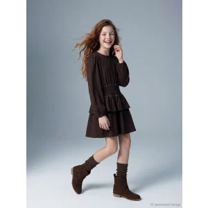 LCW Kids Kahverengi Bisiklet Yaka Fırfırlı Taş Detaylı Kız Çocuk Elbise