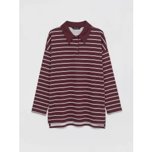LCW Modest Mürdüm Polo Yaka Çizgili Kadın Sweatshirt Tunik