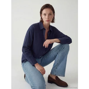 LCW Vision Lacivert Çizgili Oversize Kadın Gömlek