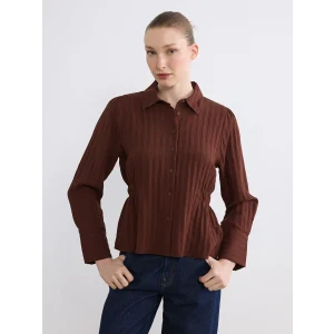 LCWAIKIKI Classic Kahverengi Çizgili Büzgülü Kadın Gömlek