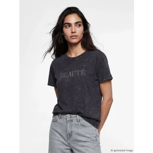 LCW Vision Antrasit Bisiklet Yaka Taş Baskılı Kadın Tişört