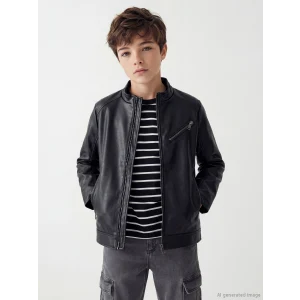 LCW Kids Siyah Deri Görünümlü Erkek Çocuk Mont